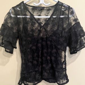 NWOT All Saints Black Lace Short Sleeve Embroidered Blouse